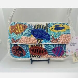 Hand-Beaded Fish Motif Shoulder Bag - White Strap